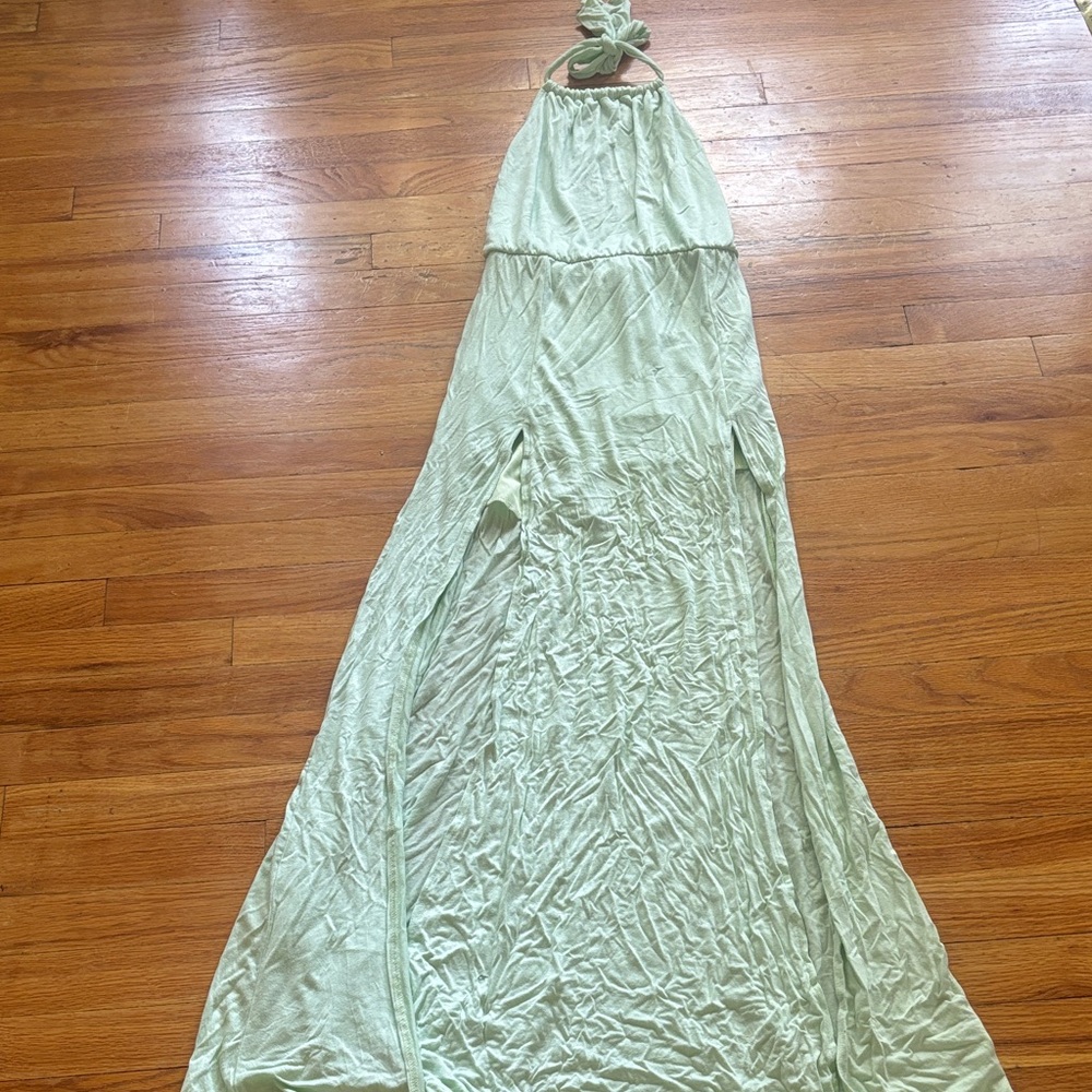 Tobi Mint Green Double Slit Halter Maxi Dress
